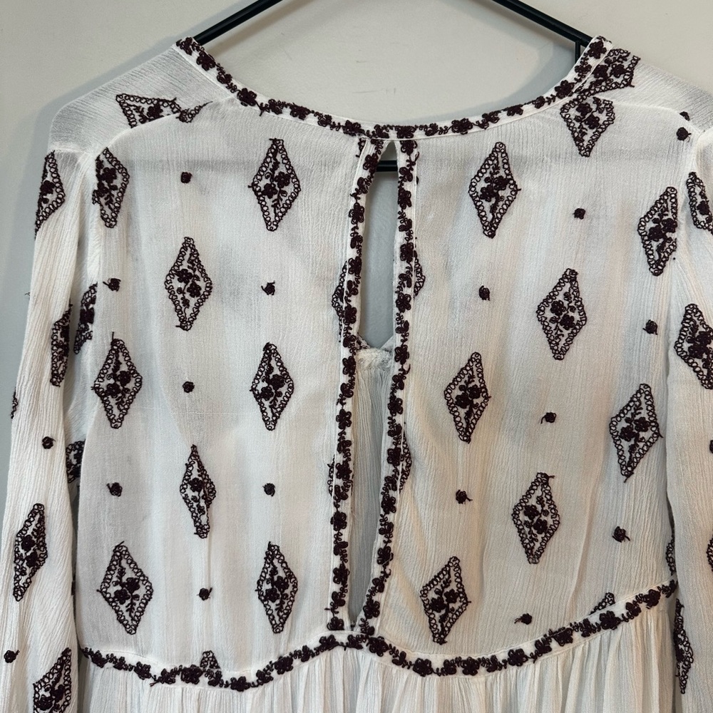 Free People Embroidered Diamond Key Hole Burgundy Cream Raw Hem Tunic Top,Small - Picture 9 of 14